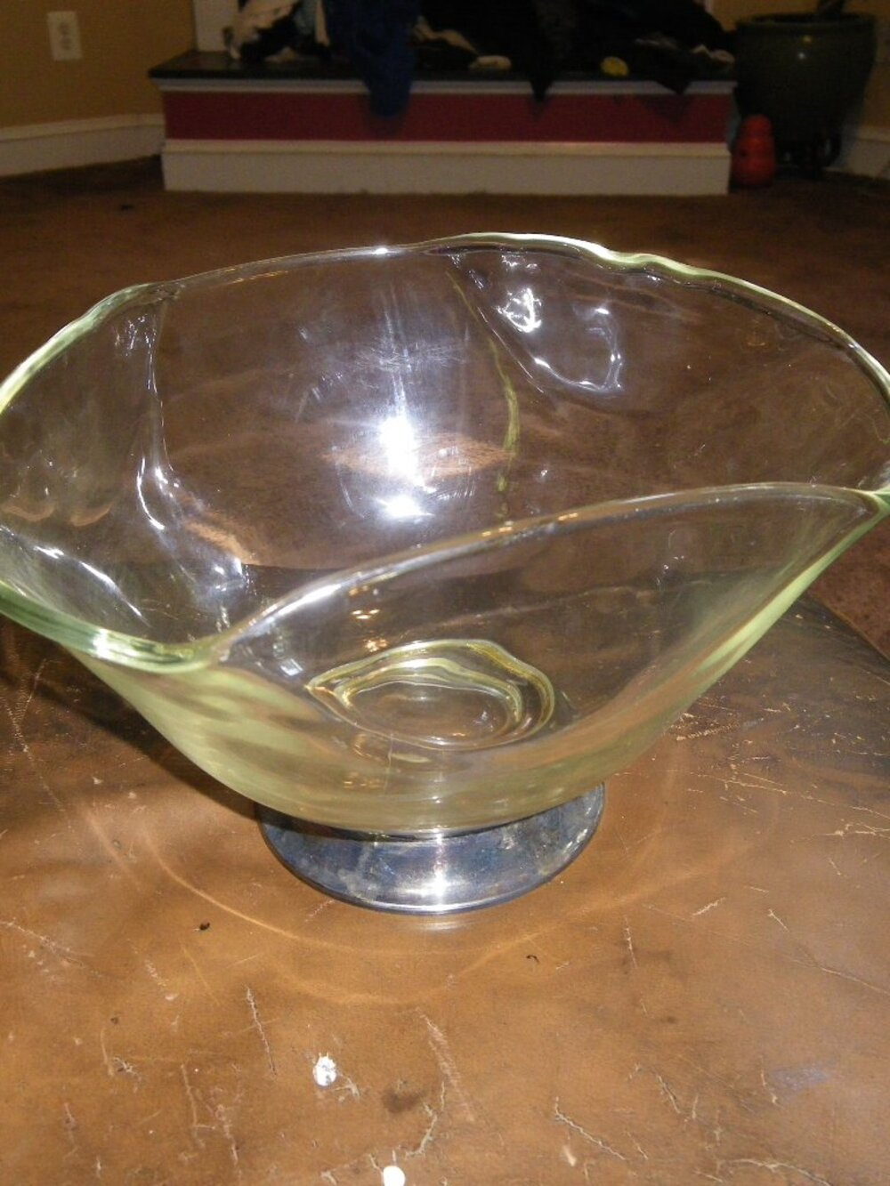 Vintage Large Decorative Curvy Abstract Glass Bowl w/ Silver Plate Base